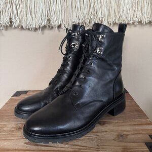 Napoleoni Black Leather Sliver Hardware Lug Sole Military Ankle Boot US Size 8.5